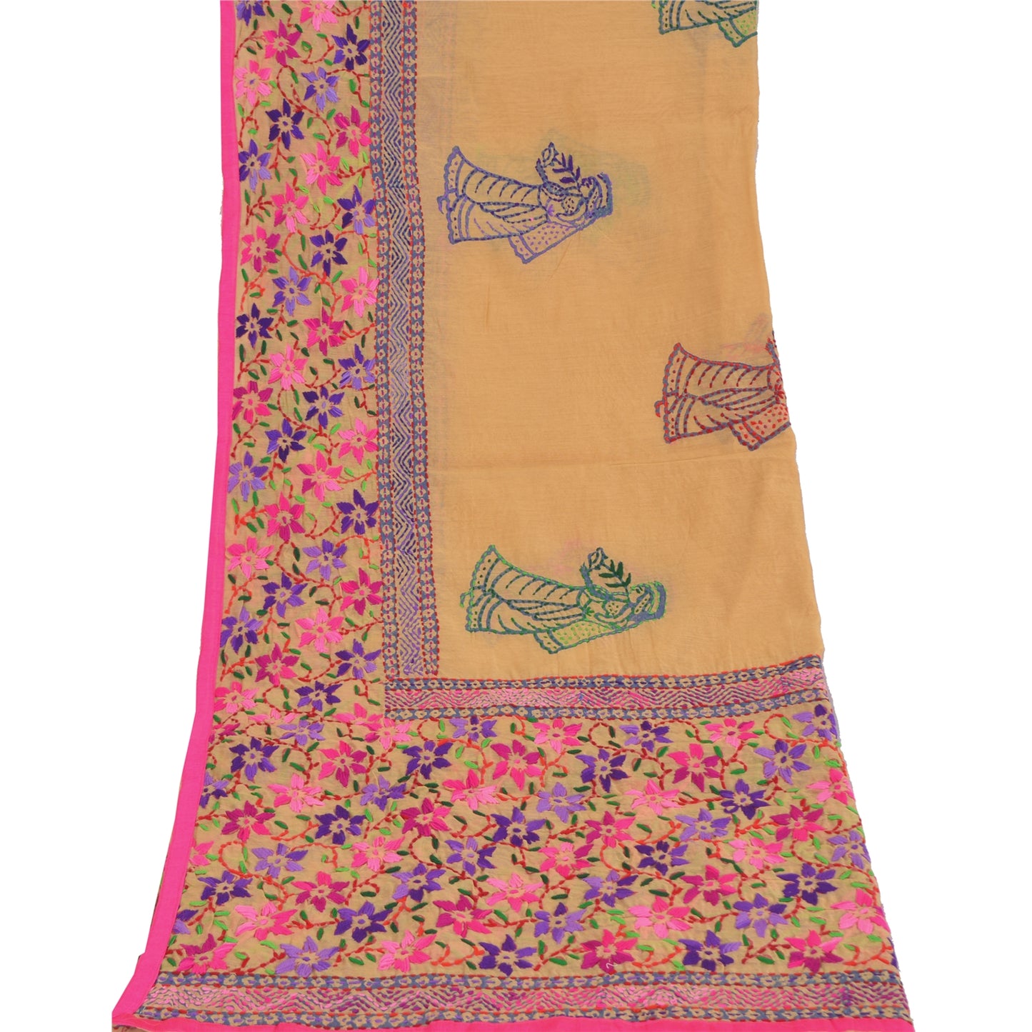 Sanskriti Vintage Cream Dupatta Chanderi Hand Embroidered Phulkari From Panjab Stole Hijab Indian Craft Supplies Fabric upholstery fabric