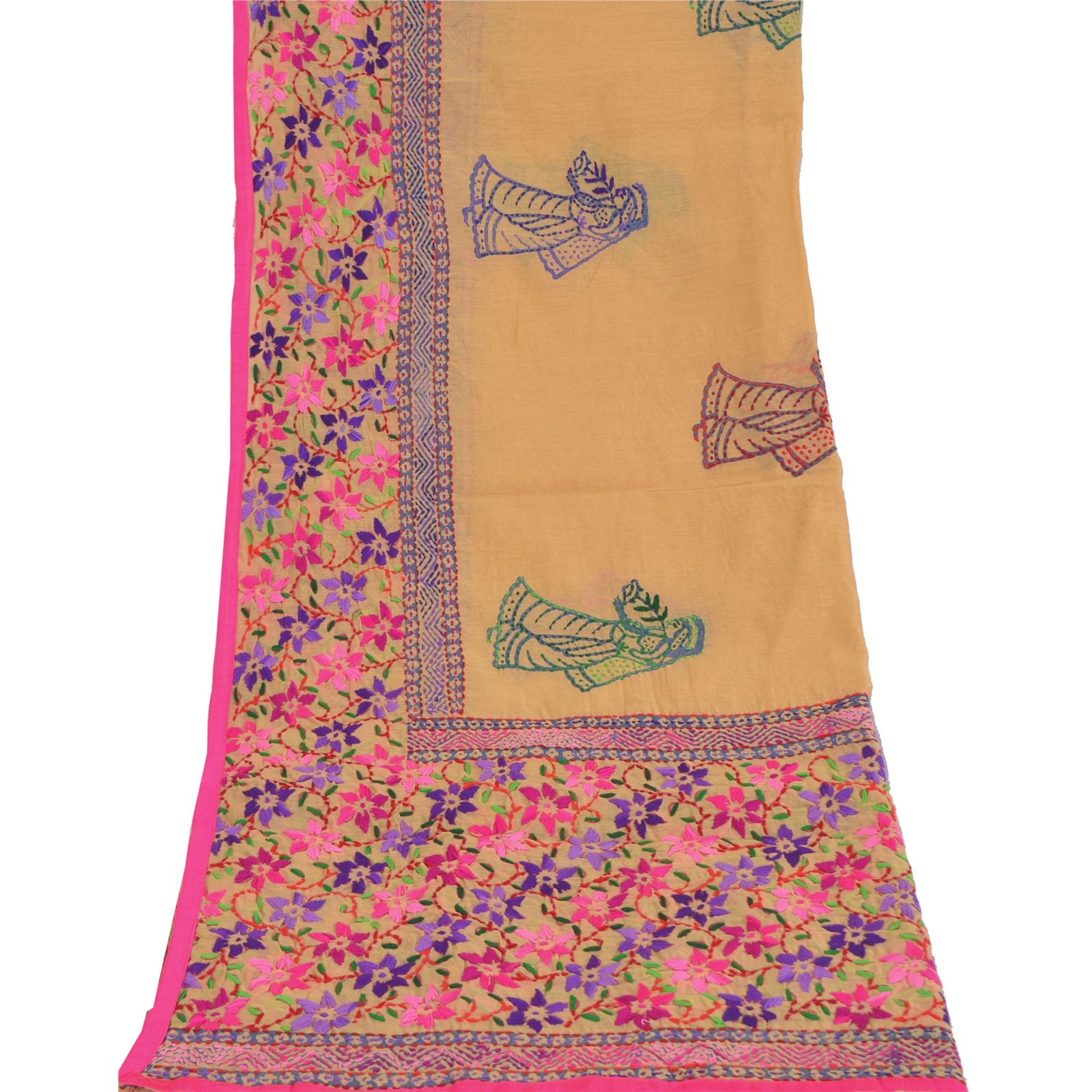 Sanskriti Vintage Cream Dupatta Chanderi Hand Embroidered Phulkari Stole Hijab