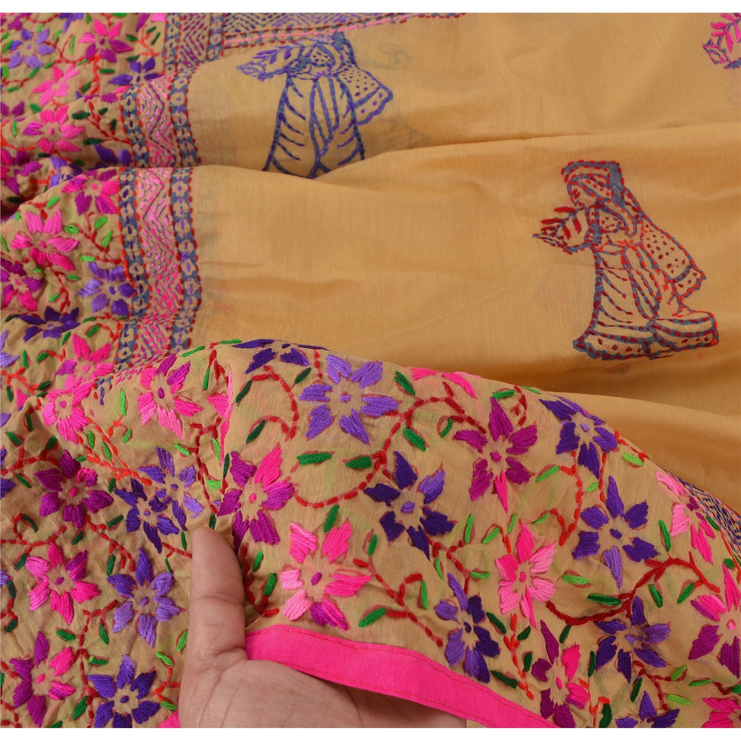 Sanskriti Vintage Cream Dupatta Chanderi Hand Embroidered Phulkari From Panjab Stole Hijab Indian Craft Supplies Fabric upholstery fabric