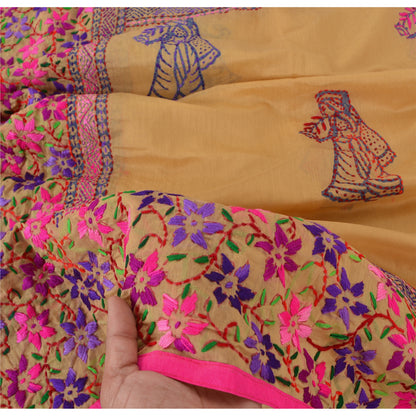 Sanskriti Vintage Cream Dupatta Chanderi Hand Embroidered Phulkari From Panjab Stole Hijab Indian Craft Supplies Fabric upholstery fabric