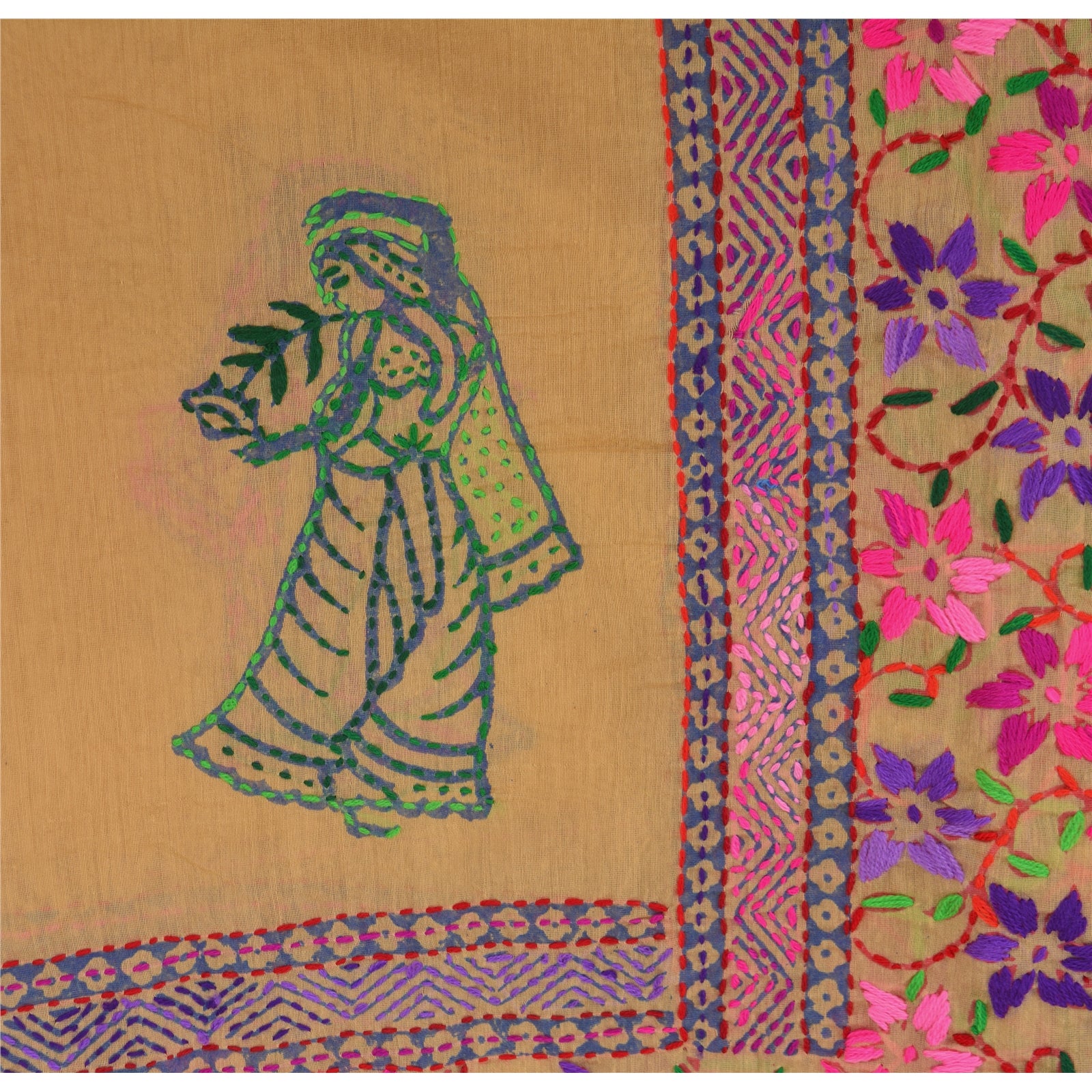 Sanskriti Vintage Cream Dupatta Chanderi Hand Embroidered Phulkari Stole Hijab