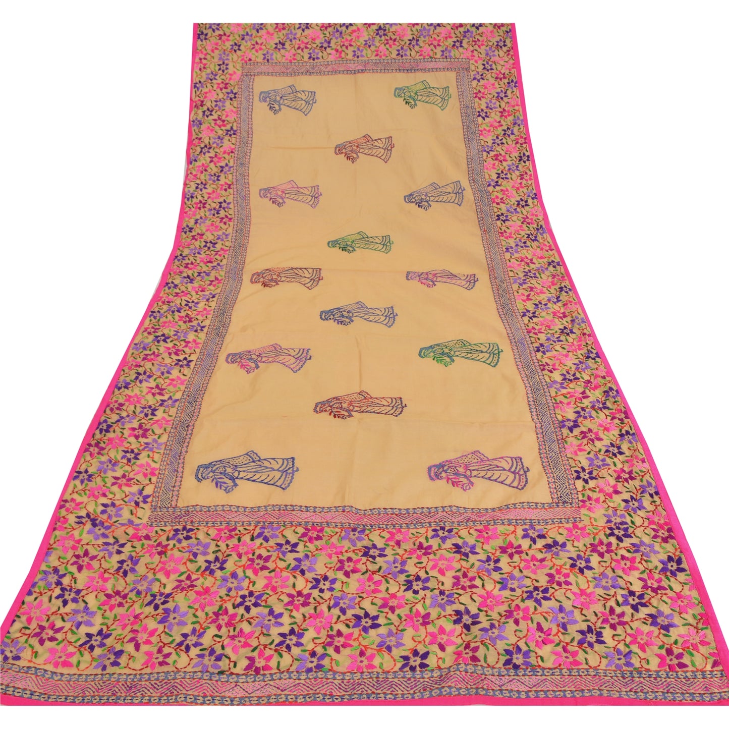 Sanskriti Vintage Cream Dupatta Chanderi Hand Embroidered Phulkari From Panjab Stole Hijab Indian Craft Supplies Fabric upholstery fabric