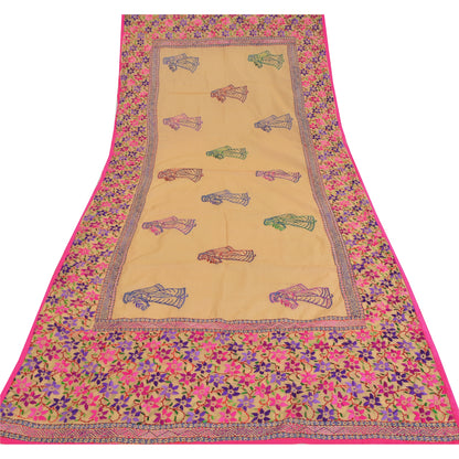 Sanskriti Vintage Cream Dupatta Chanderi Hand Embroidered Phulkari From Panjab Stole Hijab Indian Craft Supplies Fabric upholstery fabric