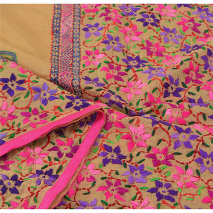 Sanskriti Vintage Cream Dupatta Chanderi Hand Embroidered Phulkari From Panjab Stole Hijab Indian Craft Supplies Fabric upholstery fabric