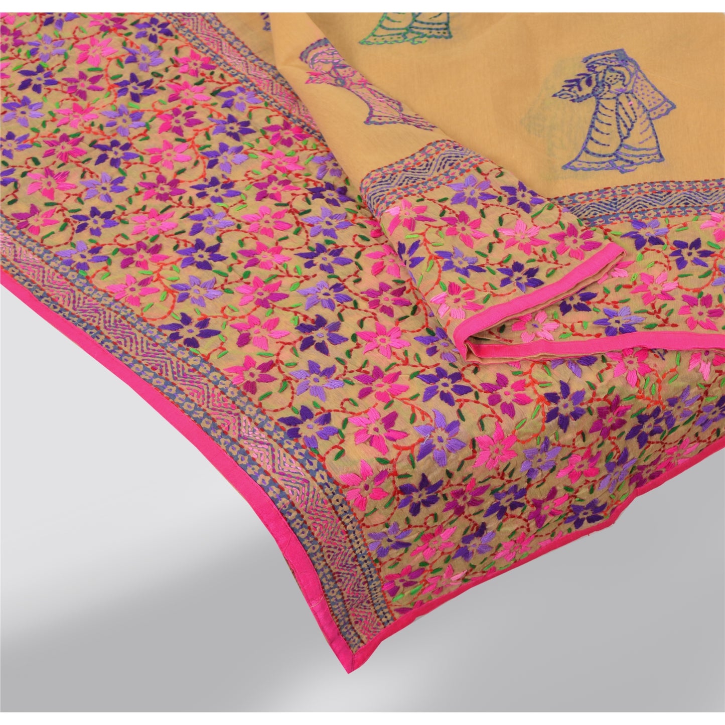 Sanskriti Vintage Cream Dupatta Chanderi Hand Embroidered Phulkari From Panjab Stole Hijab Indian Craft Supplies Fabric upholstery fabric