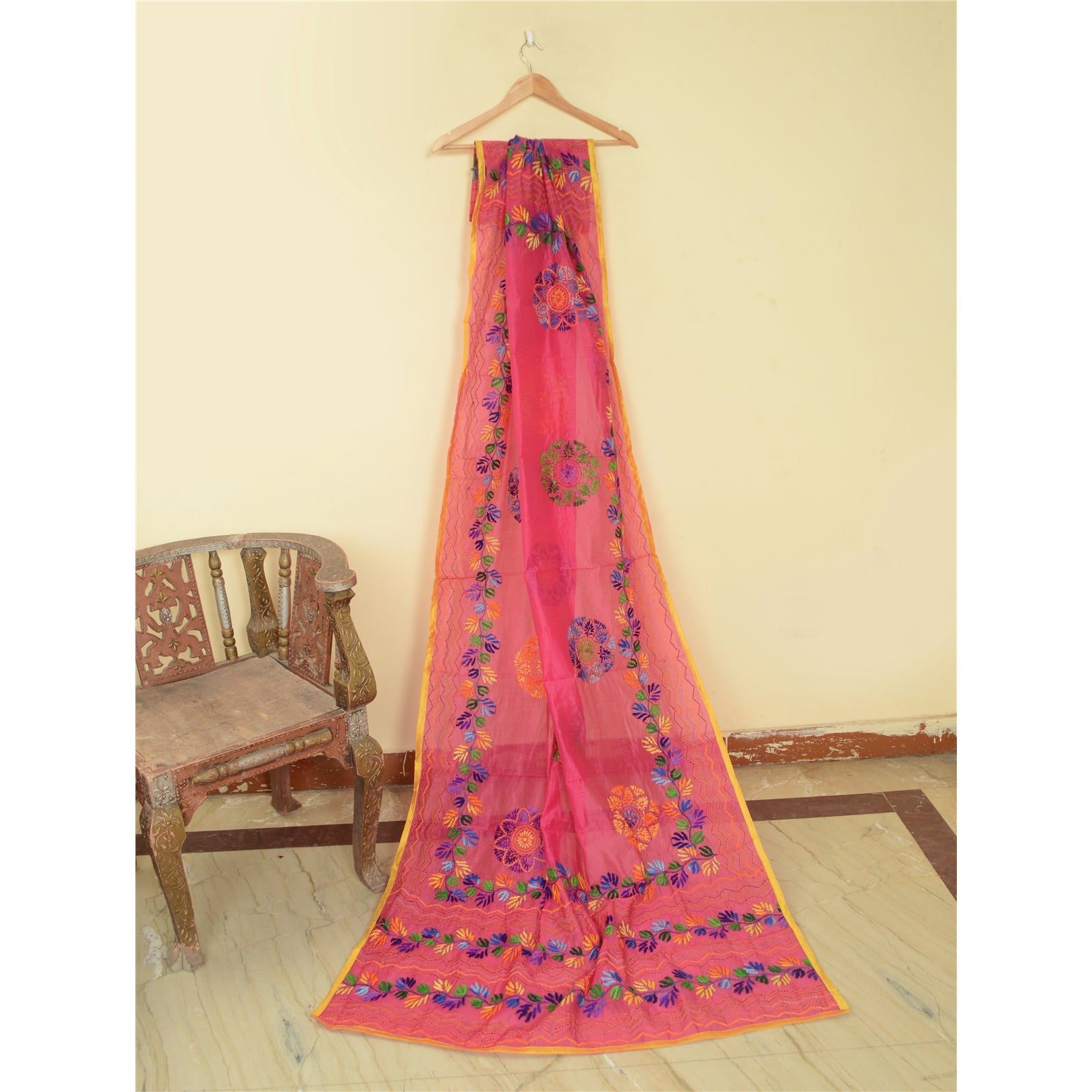 Sanskriti Vintage Pink Dupatta Hand Embroidered Phulkari Stole Cotton Silk Veil