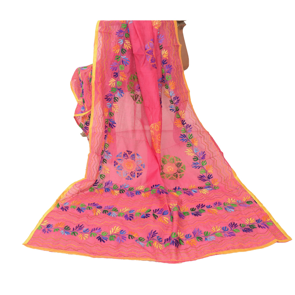 Sanskriti Vintage Pink Dupatta Hand Embroidered Phulkari Stole Cotton Silk Veil