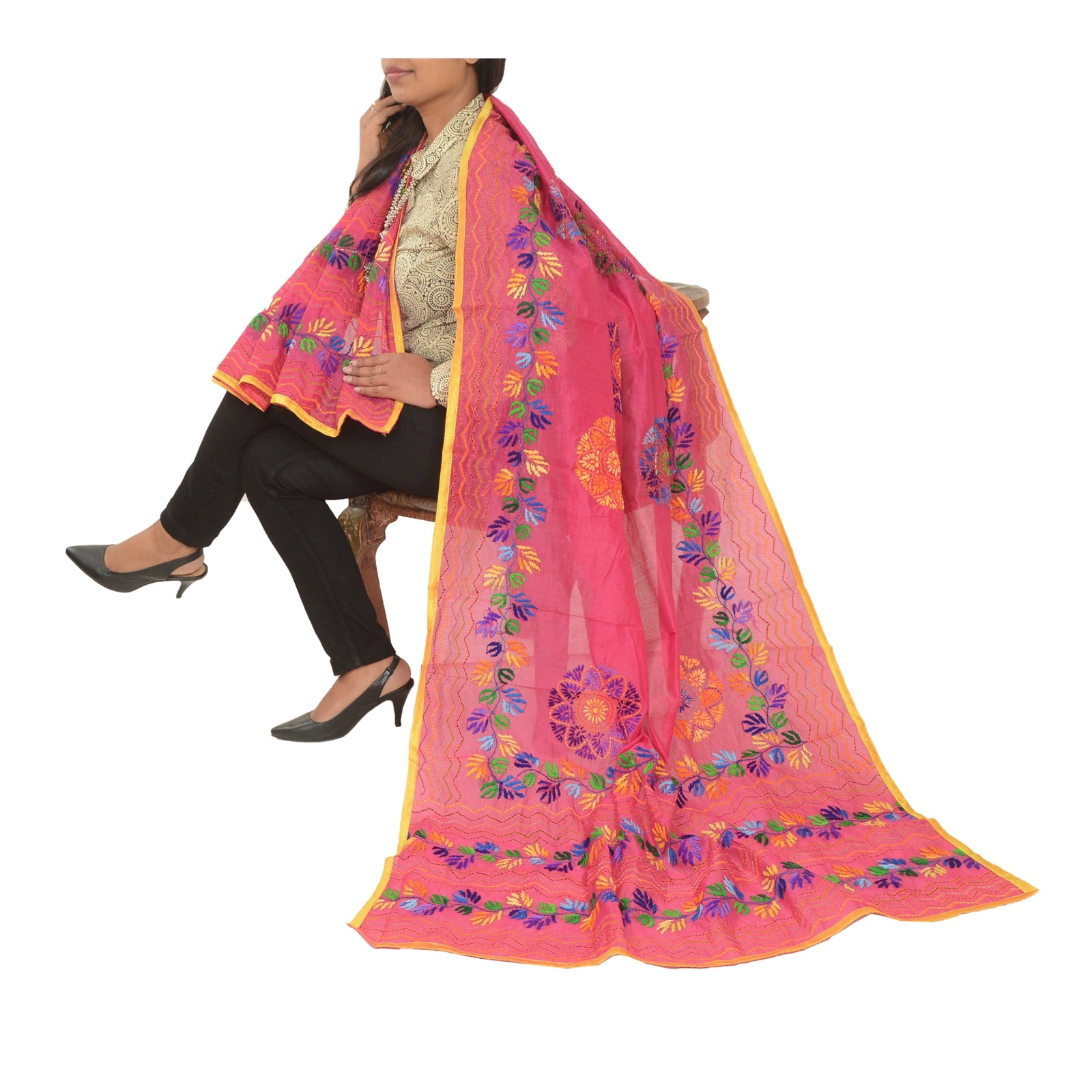 Sanskriti Vintage Pink Dupatta Hand Embroidered Phulkari Stole Cotton Silk Veil