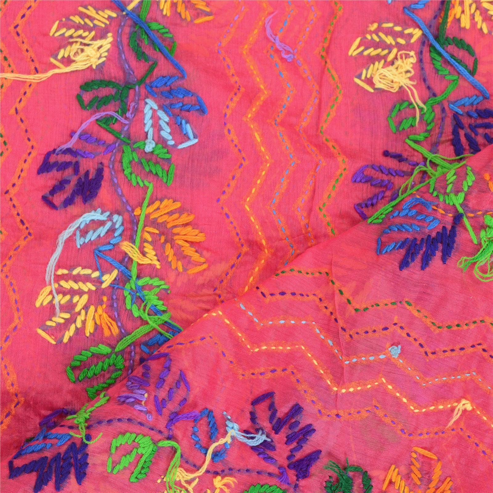 Sanskriti Vintage Pink Dupatta Hand Embroidered Phulkari Stole Cotton Silk Veil