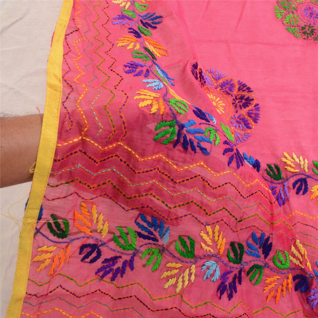 Sanskriti Vintage Pink Dupatta Hand Embroidered Phulkari Stole Cotton Silk Veil