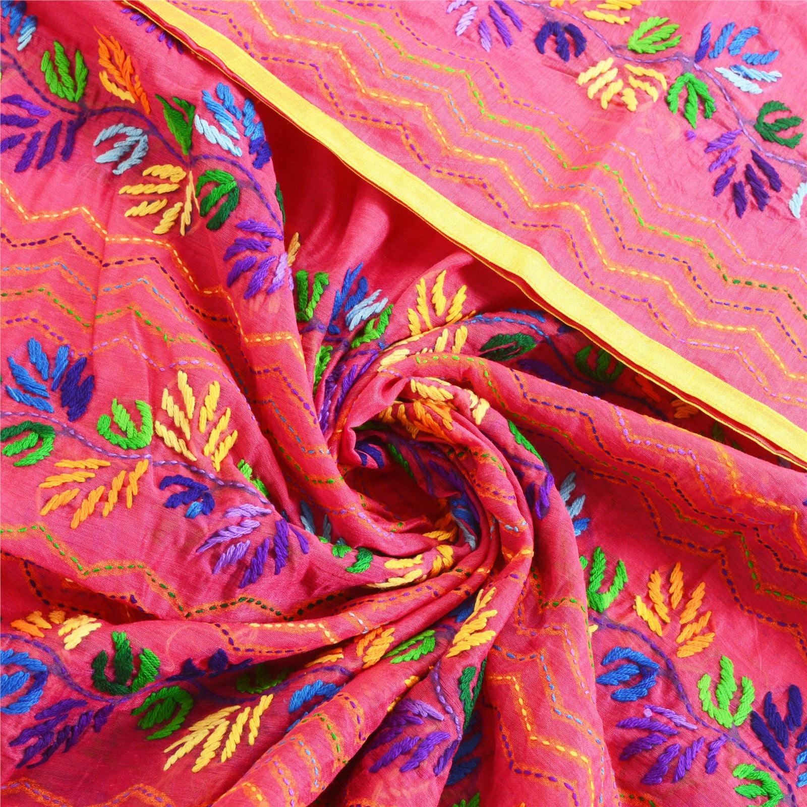 Sanskriti Vintage Pink Dupatta Hand Embroidered Phulkari Stole Cotton Silk Veil