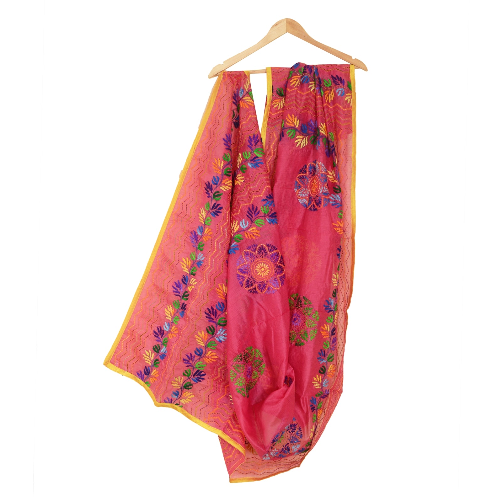 Sanskriti Vintage Pink Dupatta Hand Embroidered Phulkari Stole Cotton Silk Veil