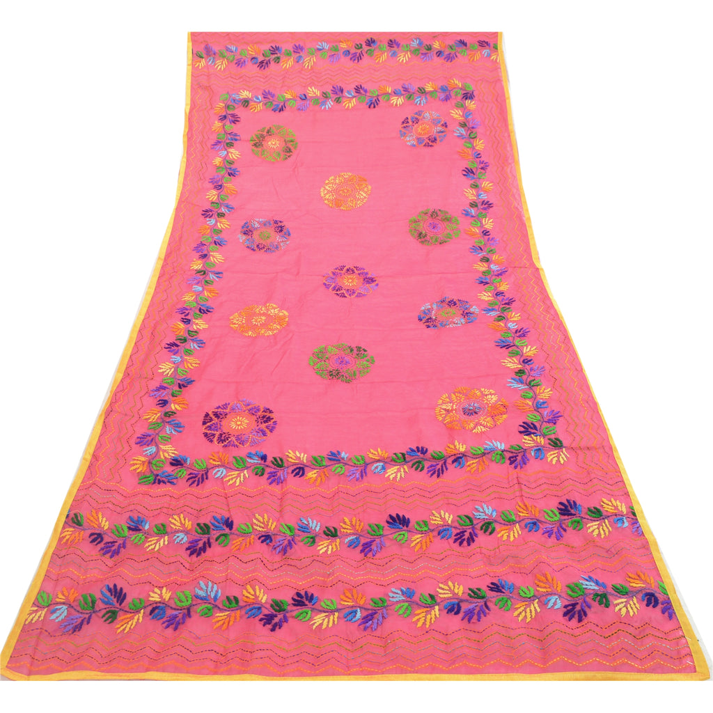 Sanskriti Vintage Pink Dupatta Hand Embroidered Phulkari Stole Cotton Silk Veil