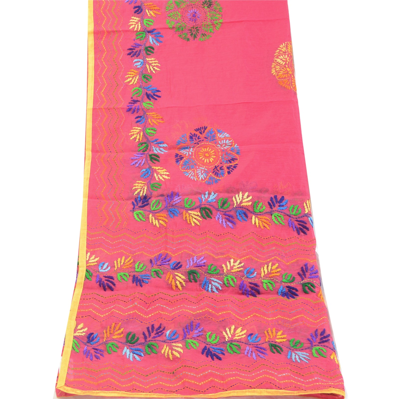 Sanskriti Vintage Pink Dupatta Hand Embroidered Phulkari Stole Cotton Silk Veil