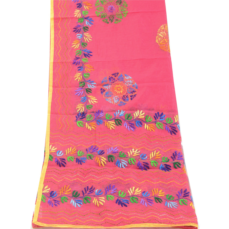 Sanskriti Vintage Pink Dupatta Hand Embroidered Phulkari Stole Cotton Silk Veil Used Neckscarf Long Headscarf Ethnic Women India Wrap