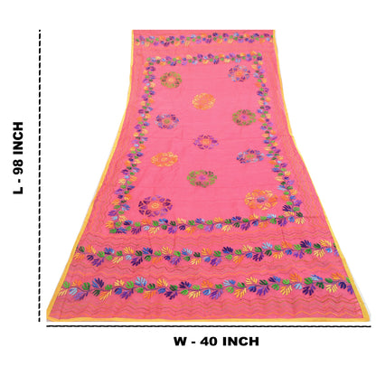 Sanskriti Vintage Pink Dupatta Hand Embroidered Phulkari Stole Cotton Silk Veil