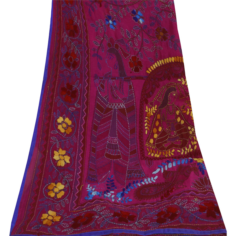 Sanskriti Vintage Pink Chanderi Dupatta Hand Embroidered Phulkari Stole Crafting, Upcycling, Recycling, Dress Making,Home Decor,