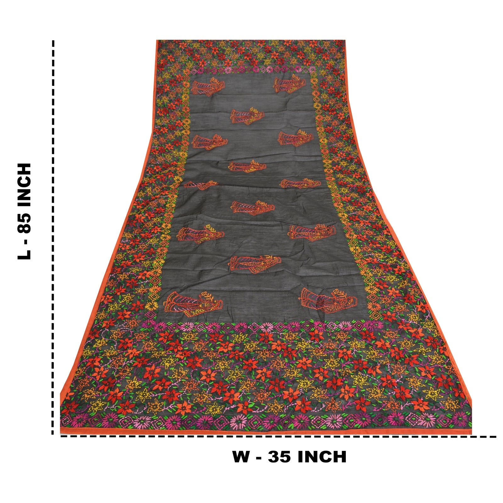 Sanskriti New Black Indian Dupatta Hand Embroidered Kantha Stole Chanderi Silk