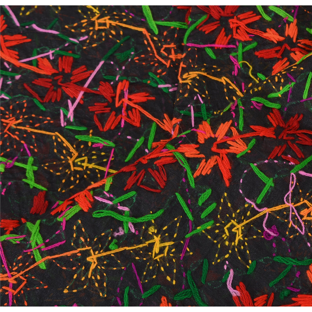 Sanskriti New Black Indian Dupatta Hand Embroidered Kantha Stole Chanderi Silk