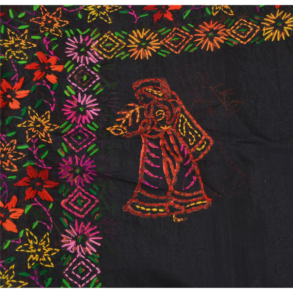 Sanskriti New Black Indian Dupatta Hand Embroidered Kantha Stole Chanderi Silk