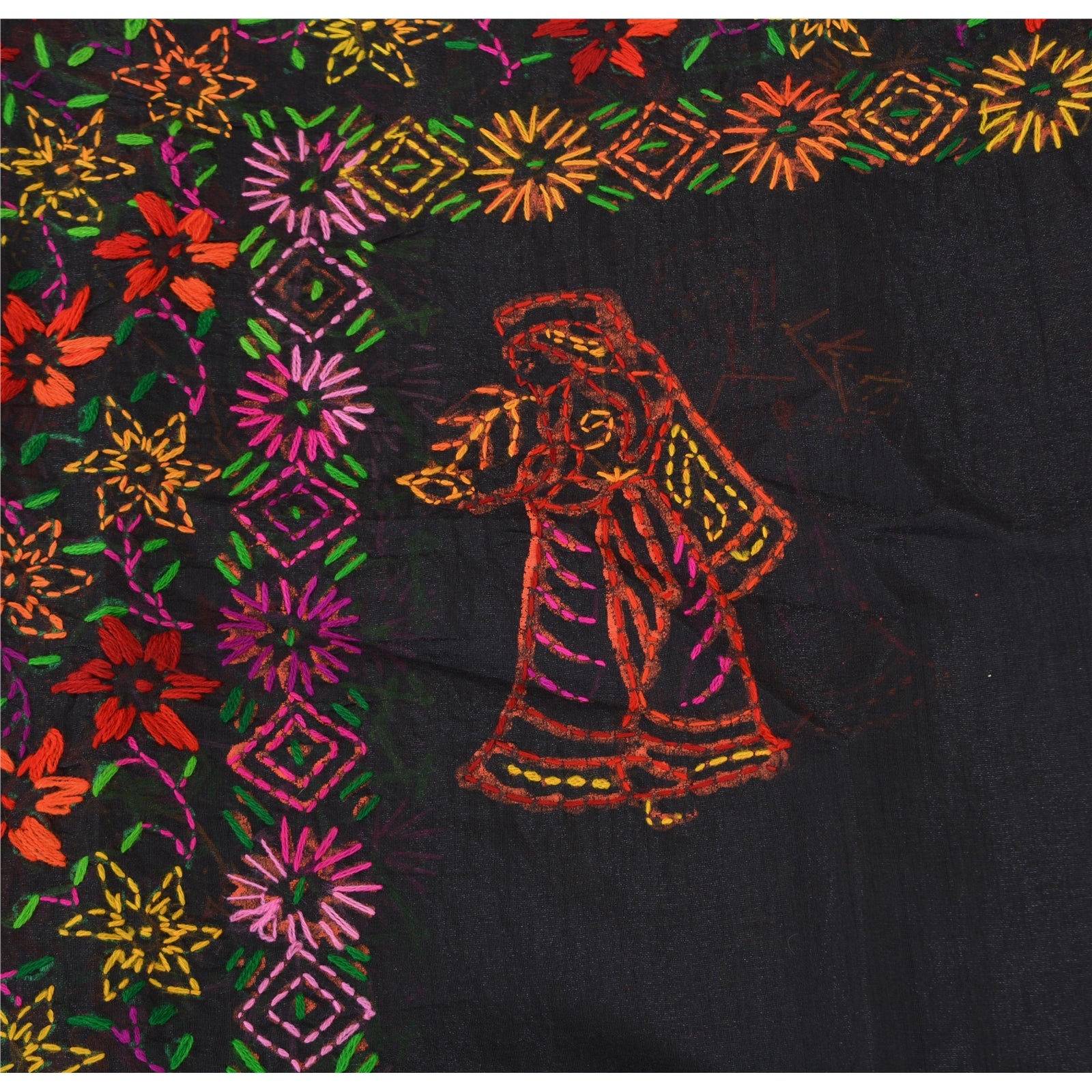 Sanskriti New Black Indian Dupatta Hand Embroidered Kantha Stole Chanderi Silk