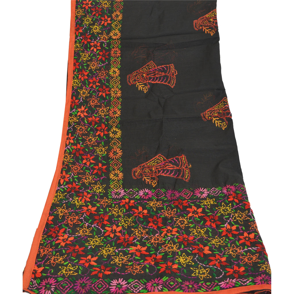 Sanskriti New Black Indian Dupatta Hand Embroidered Kantha Stole Chanderi Silk