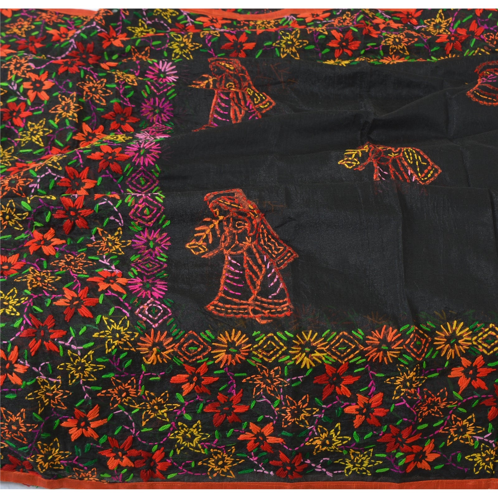 Sanskriti New Black Indian Dupatta Hand Embroidered Kantha Stole Chanderi Silk