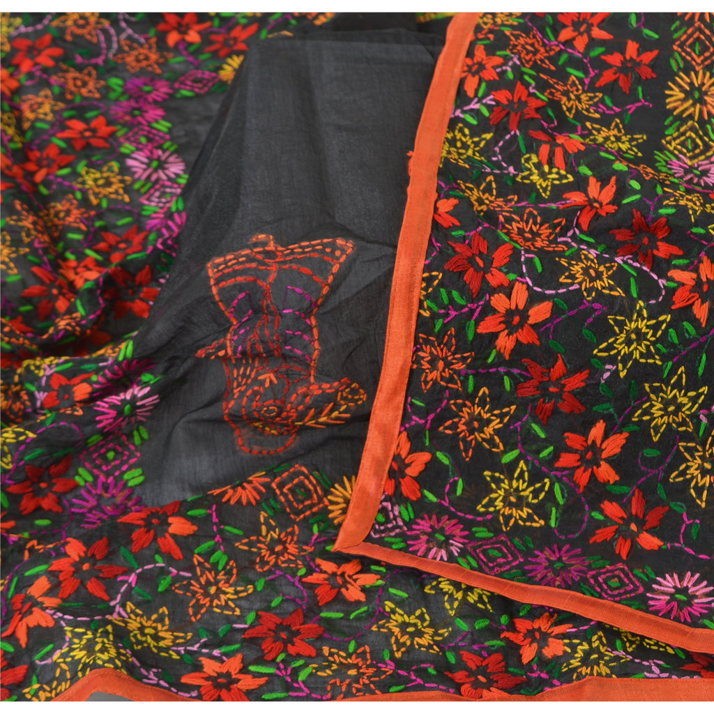 Sanskriti New Black Indian Dupatta Hand Embroidered Kantha Stole Chanderi Silk