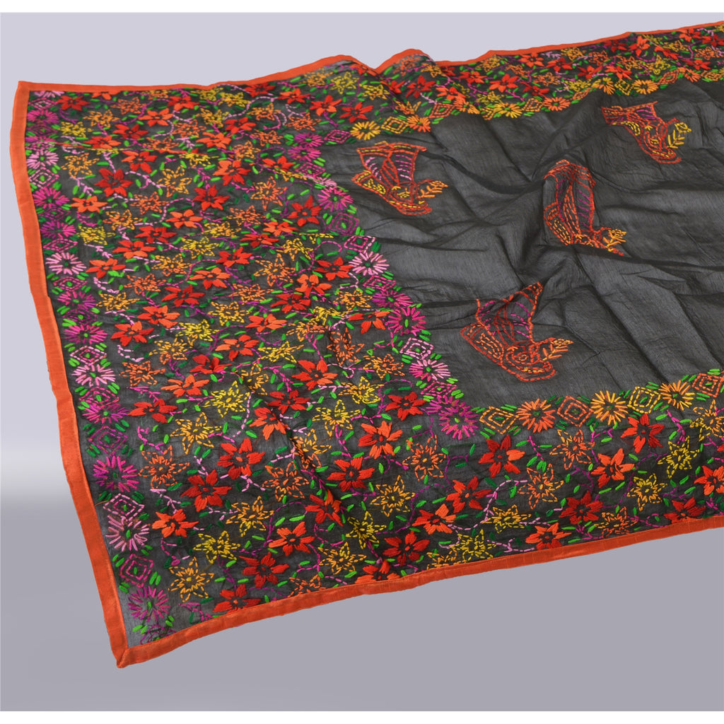 Sanskriti New Black Indian Dupatta Hand Embroidered Kantha Stole Chanderi Silk