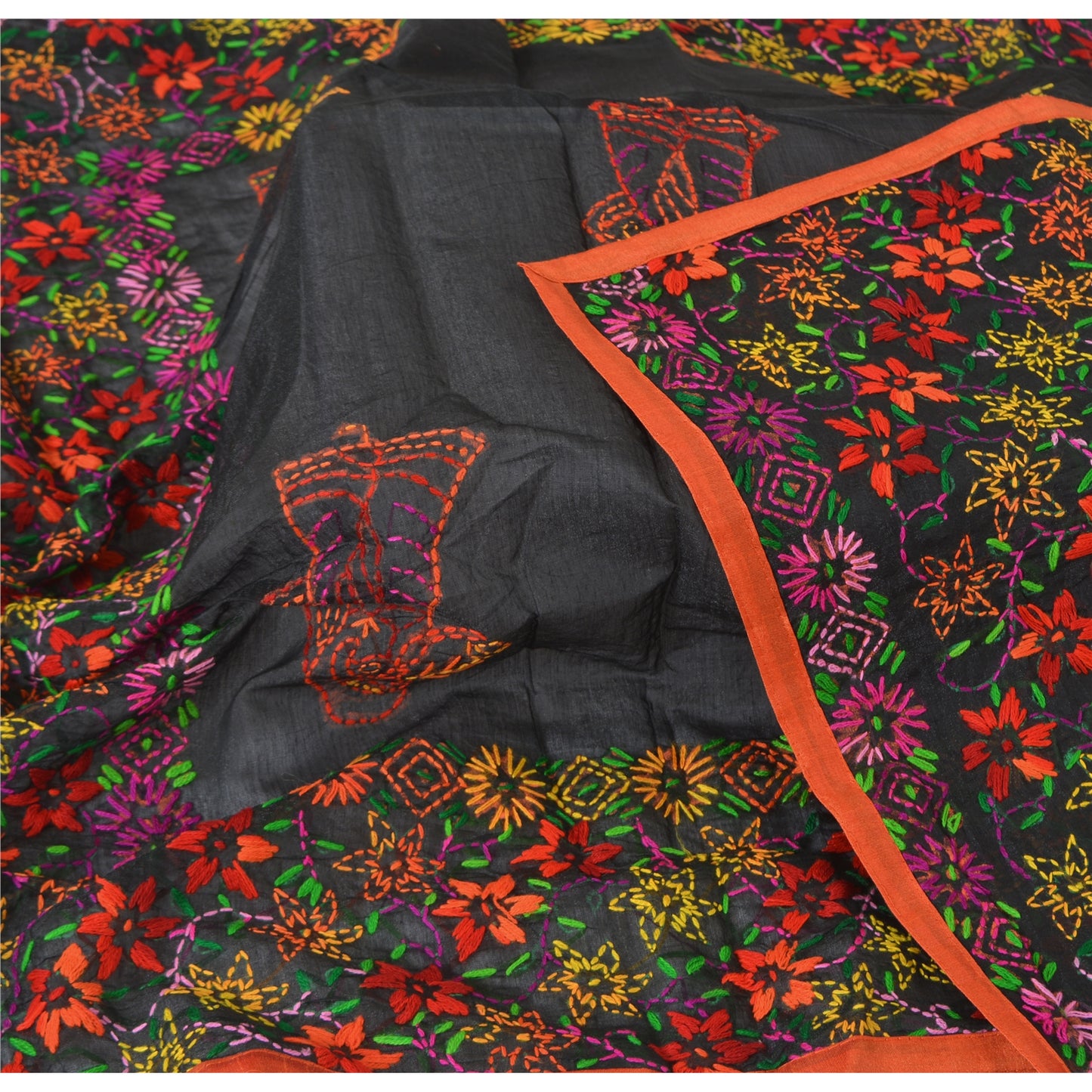 Sanskriti New Black Indian Dupatta Hand Embroidered Kantha Stole Chanderi Silk