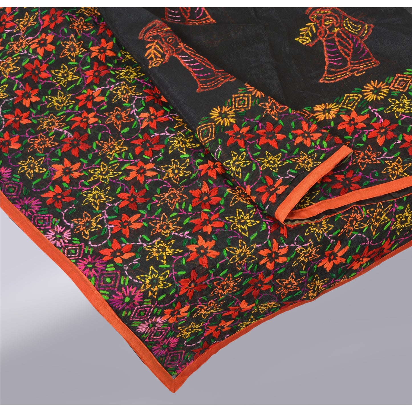 Sanskriti New Black Indian Dupatta Hand Embroidered Kantha Stole Chanderi Silk