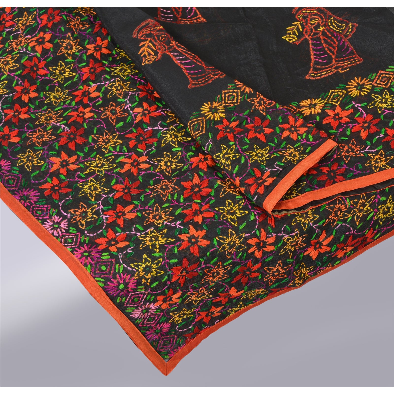 Sanskriti New Black Indian Dupatta Hand Embroidered Kantha Stole Chanderi Silk