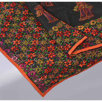 Sanskriti New Black Indian Dupatta Hand Embroidered Kantha Stole Chanderi Silk