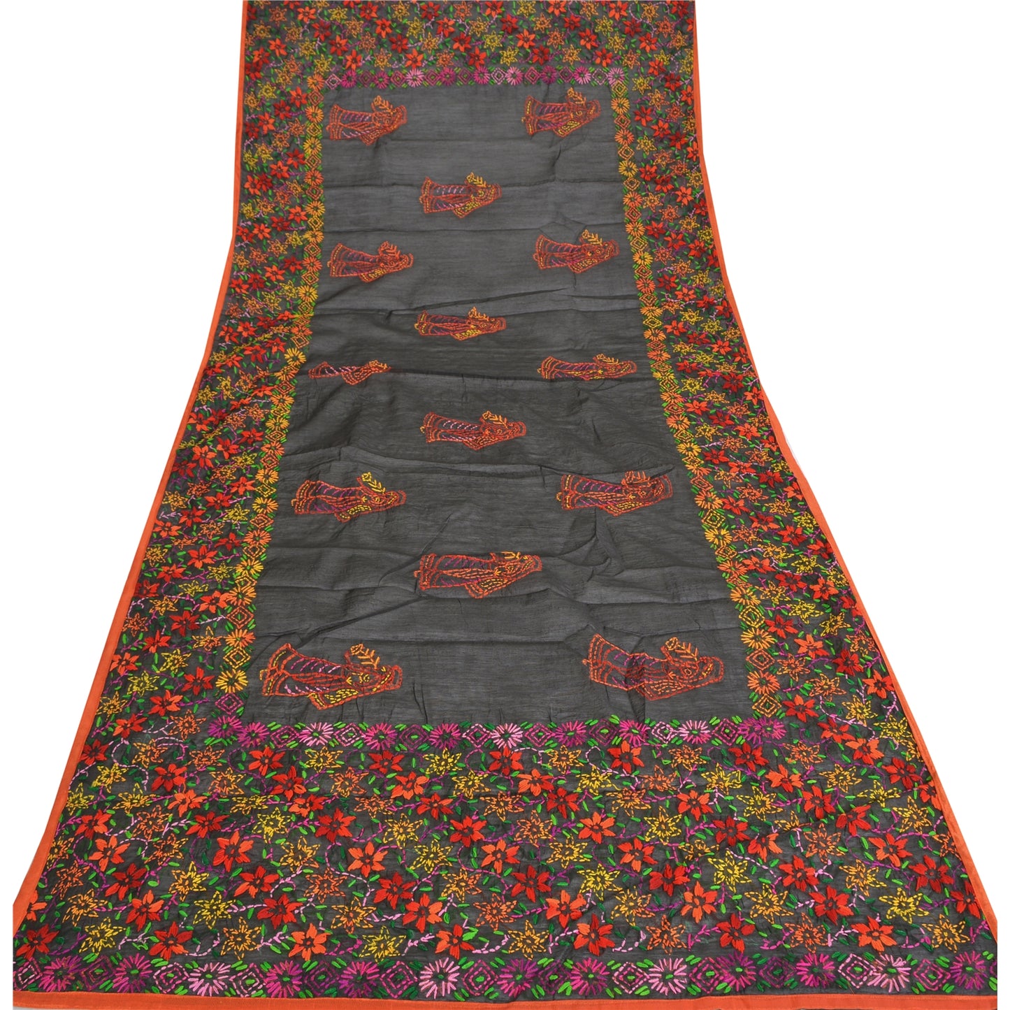 Sanskriti New Black Indian Dupatta Hand Embroidered Kantha Stole Chanderi Silk