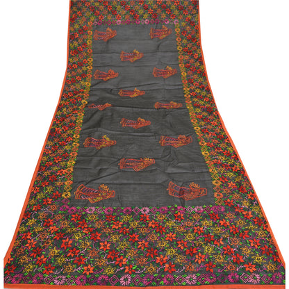 Sanskriti New Black Indian Dupatta Hand Embroidered Kantha Stole Chanderi Silk
