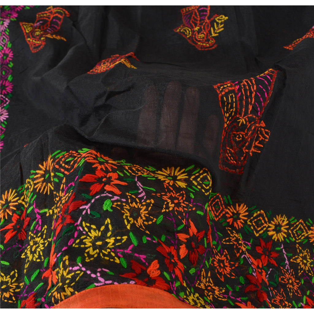 Sanskriti New Black Indian Dupatta Hand Embroidered Kantha Stole Chanderi Silk