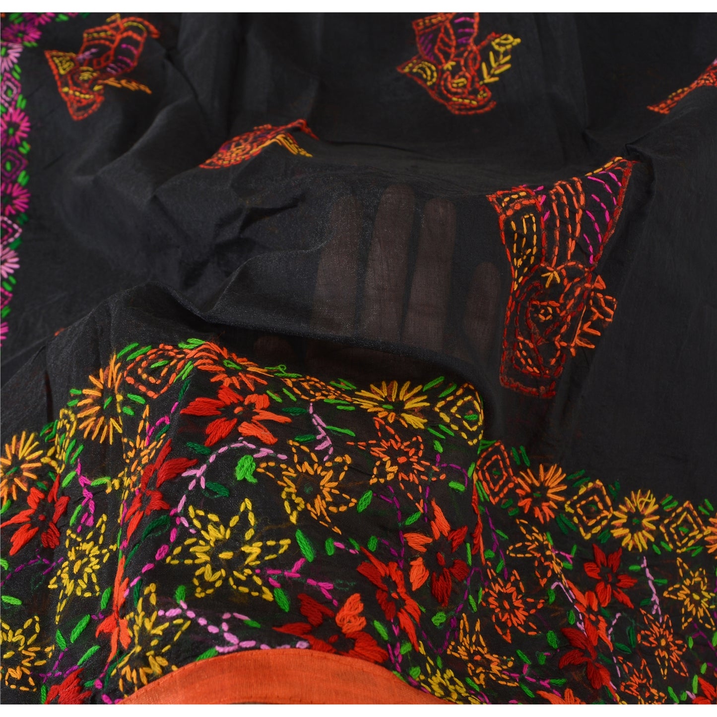 Sanskriti New Black Indian Dupatta Hand Embroidered Kantha Stole Chanderi Silk