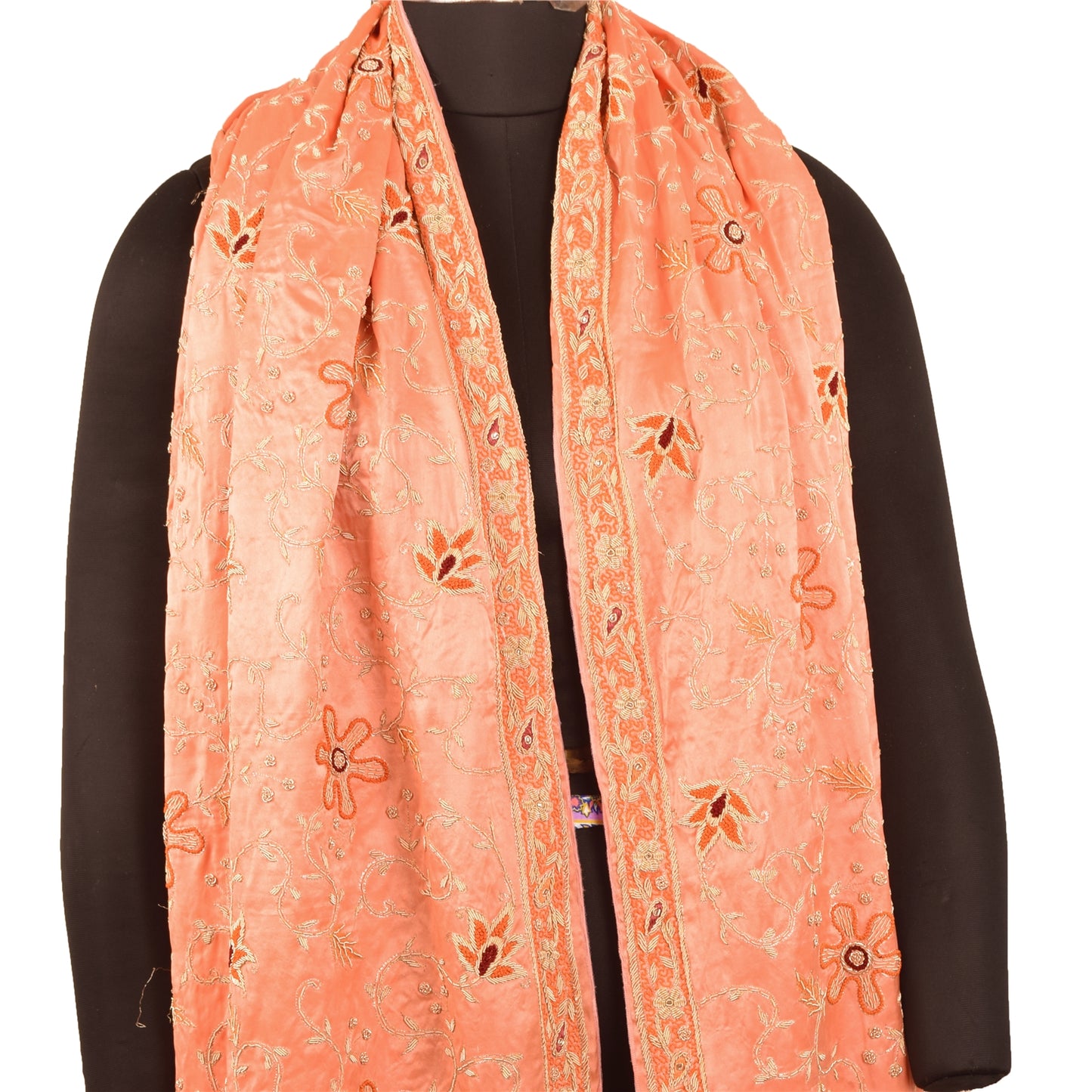 Sanskriti Vintage Peach Dupatta Stole Pure Satin Silk Hand Beaded Bridal Scarves