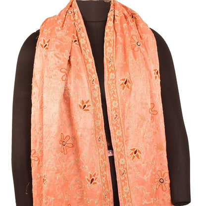 Sanskriti Vintage Peach Dupatta Stole Pure Satin Silk Hand Beaded Bridal Scarves