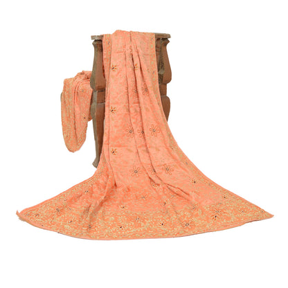 Sanskriti Vintage Peach Dupatta Stole Pure Satin Silk Hand Beaded Bridal Scarves