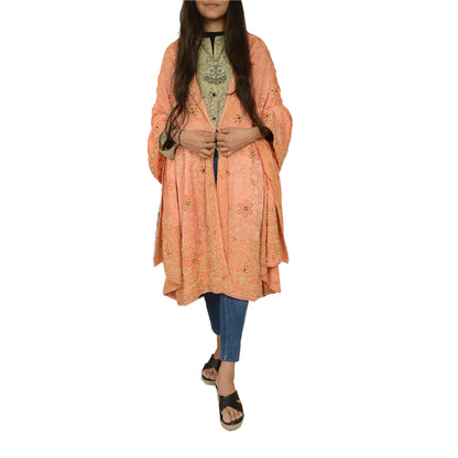 Sanskriti Vintage Peach Dupatta Stole Pure Satin Silk Hand Beaded Bridal Scarves