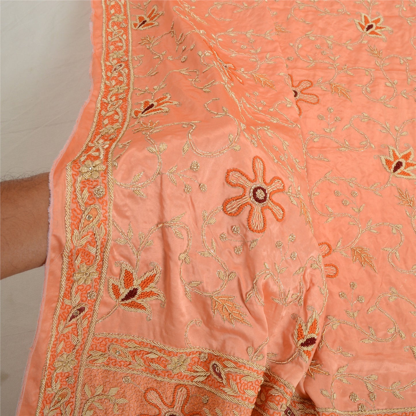 Sanskriti Vintage Peach Dupatta Stole Pure Satin Silk Hand Beaded Bridal Scarves