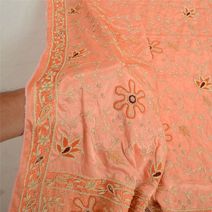 Sanskriti Vintage Peach Dupatta Stole Pure Satin Silk Hand Beaded Bridal Scarves