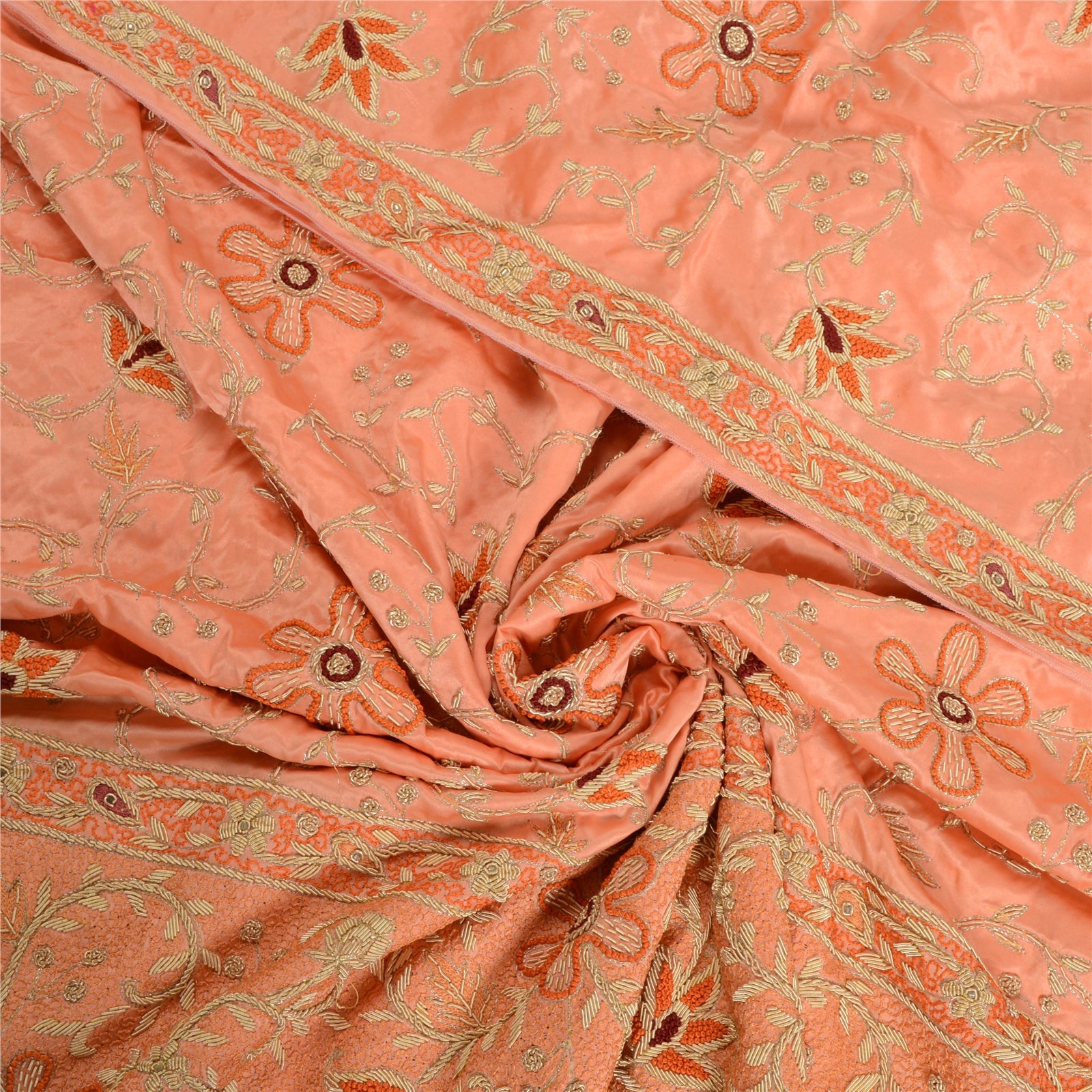 Sanskriti Vintage Peach Dupatta Stole Pure Satin Silk Hand Beaded Bridal Scarves