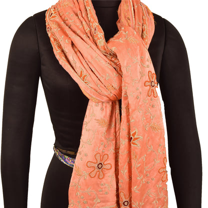 Sanskriti Vintage Peach Dupatta Stole Pure Satin Silk Hand Beaded Bridal Scarves