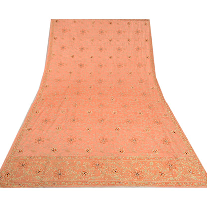 Sanskriti Vintage Peach Dupatta Stole Pure Satin Silk Hand Beaded Bridal Scarves