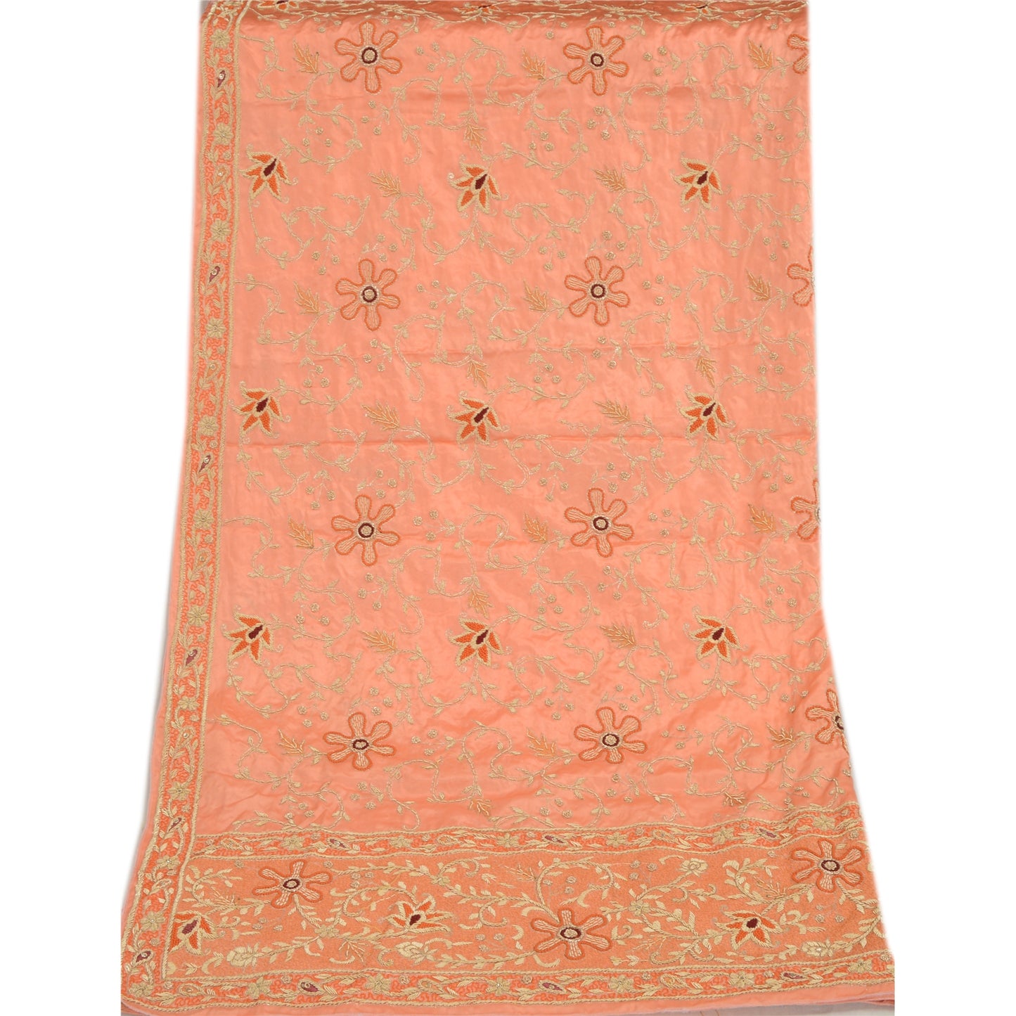 Sanskriti Vintage Peach Dupatta Stole Pure Satin Silk Hand Beaded Bridal Scarves