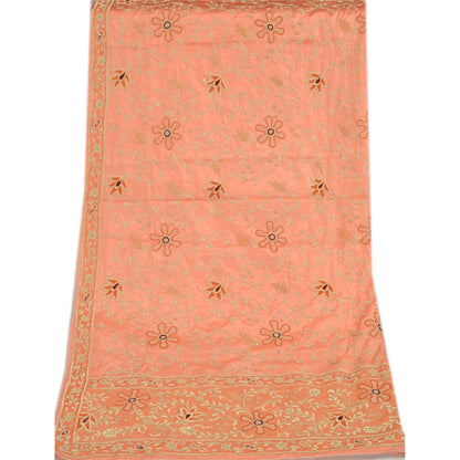 Sanskriti Vintage Peach Dupatta Stole Pure Satin Silk Hand Beaded Bridal Scarves