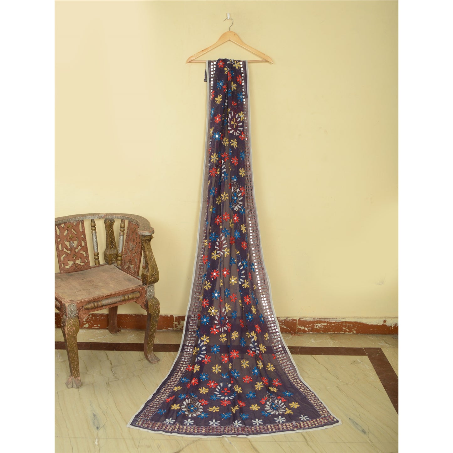 Sanskriti Vintage Purple Dupatta Georgette Handmade Phulkari OOAK Stole Veil