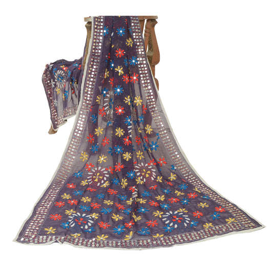 Sanskriti Vintage Purple Dupatta Georgette Handmade Phulkari OOAK Stole Veil